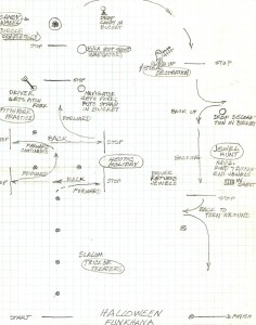 Drawing on graph paper showing layout of Halloween funkhana